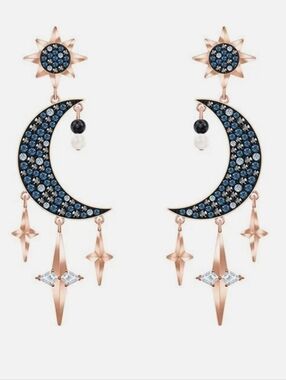 Swarovski Gold Crescent Moon Star Drop Earrings With Blue Crystals Faux Pearl